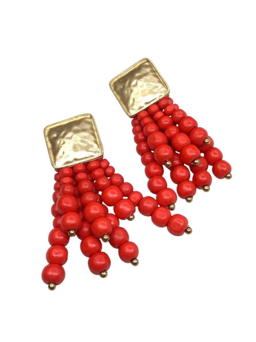 Boho Bamboo Beaded Tassel Earrings Gold Tone Red Orange
